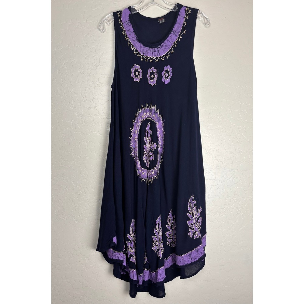 Jackpot Navy Blue Purple Batik Floral Rayon High Low Swing Dress L 2887